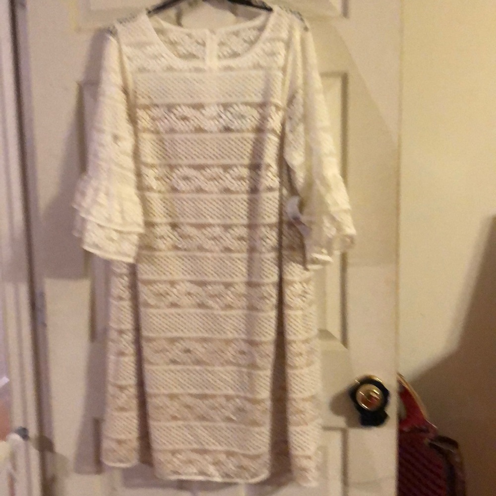 Women’s J. Howard ivory lace knee length dress. Flutter 3/4 length sleeves. Zip